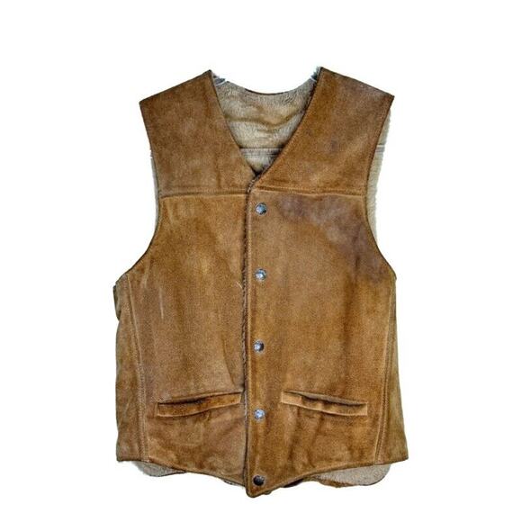 Vintage 1970s Suede Leather Shearling Sherpa Vest Hippie Biker Unisex XS - Picture 1 of 10